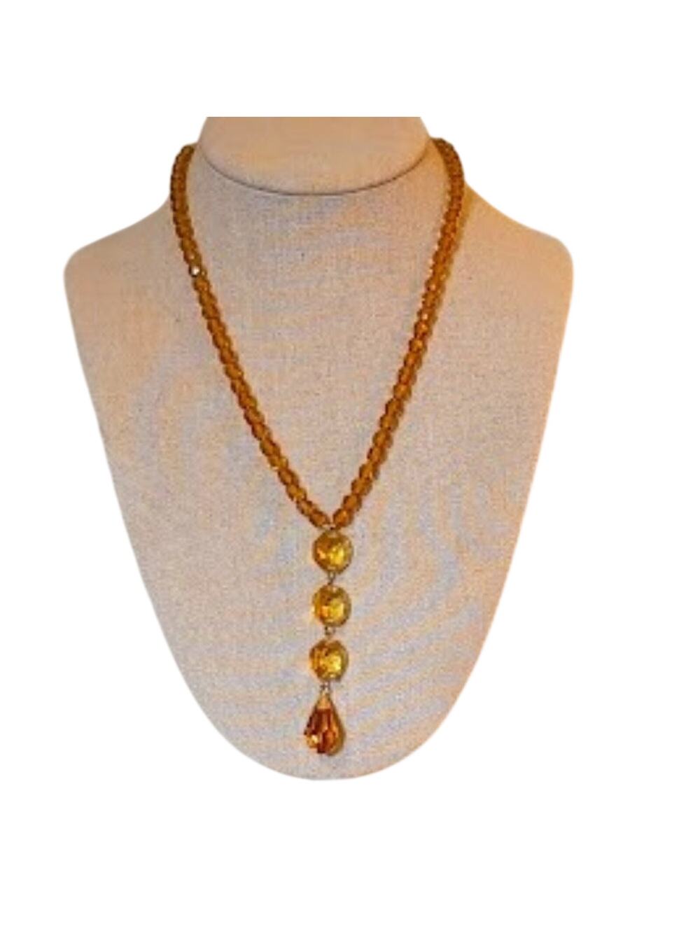 Lauffer Gold Tone Amber Color Crystal Bead Necklace with Faceted Teardrop Dangle